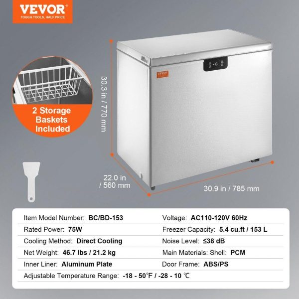 Refrigeration & Ice Equipment | Chest Freezer, 5.4 Cu.ft / 153 L Compact Deep Freezer, Free Standing Top Open Door Compact Freezers with 2 Removable Baskets & Adjustable Thermostat, Energy Saving & Low Noise, White Refrigeration & Ice Equipment Refrigeration & Ice Equipment