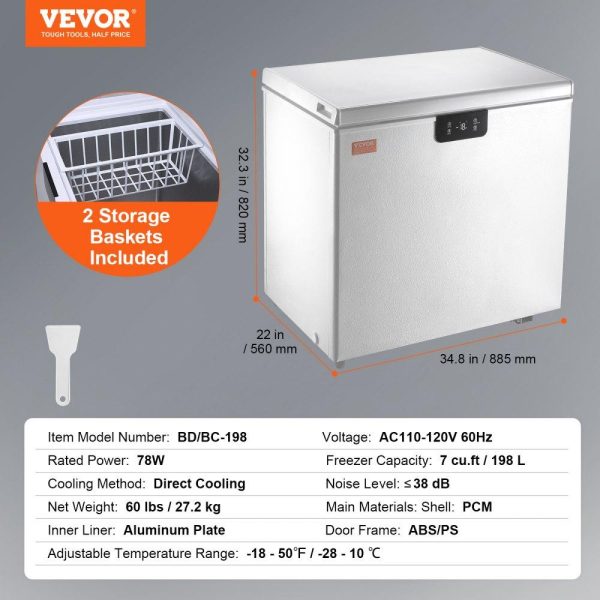 Refrigeration & Ice Equipment | Chest Freezer, 7 Cu.ft / 198 L Compact Deep Freezer, Free Standing Top Open Door Compact Freezers with 2 Removable Baskets & Adjustable Thermostat, Energy Saving & Low Noise, White Refrigeration & Ice Equipment Refrigeration & Ice Equipment