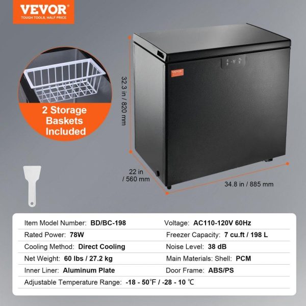 Refrigeration & Ice Equipment | Chest Freezer, 7 Cu.ft / 198 L Compact Deep Freezer, Free Standing Top Open Door Compact Freezers with 2 Removable Baskets & Adjustable Thermostat, Energy Saving & Low Noise, Black Refrigeration & Ice Equipment Refrigeration & Ice Equipment