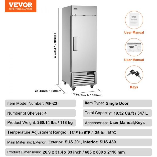 Refrigeration & Ice Equipment | Commercial Freezer 19.32 Cu.ft, Reach In 27″ W Upright Freezer Single Door, Auto-Defrost Stainless Steel Reach-in Freezer with 4 Adjustable Shelves, -13 to 5℉ Temp Control, LED Light, 4 Wheels Refrigeration & Ice Equipment Refrigeration & Ice Equipment