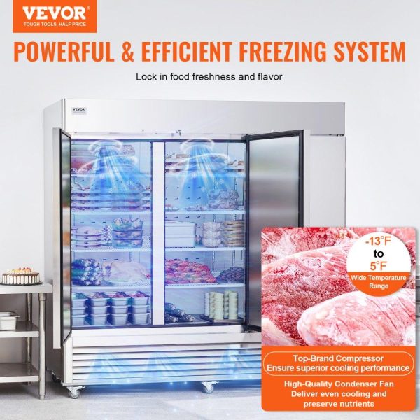 Refrigeration & Ice Equipment | Commercial Freezer 60.42 Cu.ft, Reach In 82.5″ W Upright Freezer 3 Doors, Auto-Defrost Stainless Steel Reach-in Freezer with 12 Adjustable Shelves, -13 to 5℉ Temp Control, LED Lighting, 4 Wheels Refrigeration & Ice Equipment Refrigeration & Ice Equipment