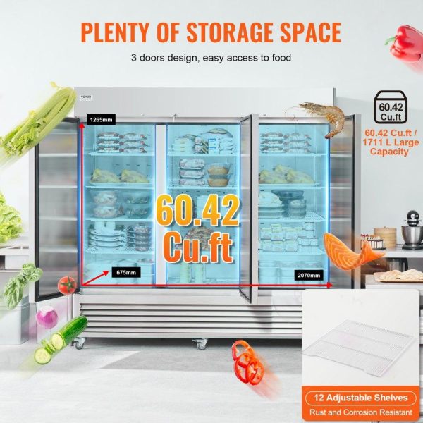 Refrigeration & Ice Equipment | Commercial Freezer 60.42 Cu.ft, Reach In 82.5″ W Upright Freezer 3 Doors, Auto-Defrost Stainless Steel Reach-in Freezer with 12 Adjustable Shelves, -13 to 5℉ Temp Control, LED Lighting, 4 Wheels Refrigeration & Ice Equipment Refrigeration & Ice Equipment