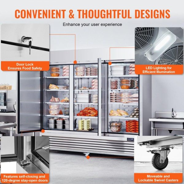 Refrigeration & Ice Equipment | Commercial Freezer 60.42 Cu.ft, Reach In 82.5″ W Upright Freezer 3 Doors, Auto-Defrost Stainless Steel Reach-in Freezer with 12 Adjustable Shelves, -13 to 5℉ Temp Control, LED Lighting, 4 Wheels Refrigeration & Ice Equipment Refrigeration & Ice Equipment