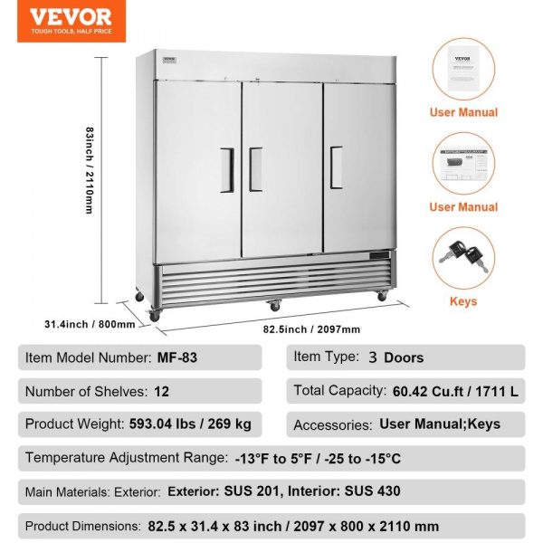 Refrigeration & Ice Equipment | Commercial Freezer 60.42 Cu.ft, Reach In 82.5″ W Upright Freezer 3 Doors, Auto-Defrost Stainless Steel Reach-in Freezer with 12 Adjustable Shelves, -13 to 5℉ Temp Control, LED Lighting, 4 Wheels Refrigeration & Ice Equipment Refrigeration & Ice Equipment