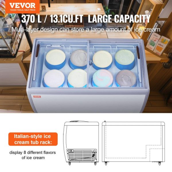 Refrigeration & Ice Equipment | Commercial Ice Cream Display Case, 13.1 Cu.ft Chest Freezer, Mobile Glass Top Deep Freezer, Restaurant Gelato Dipping Cabinet with 8 Large Tubs, 2 Sliding Glass Doors, Locking Casters, White Refrigeration & Ice Equipment Refrigeration & Ice Equipment