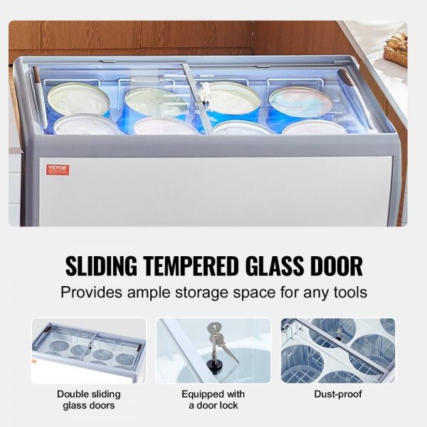 Refrigeration & Ice Equipment | Commercial Ice Cream Display Case, 13.1 Cu.ft Chest Freezer, Mobile Glass Top Deep Freezer, Restaurant Gelato Dipping Cabinet with 8 Large Tubs, 2 Sliding Glass Doors, Locking Casters, White Refrigeration & Ice Equipment Refrigeration & Ice Equipment