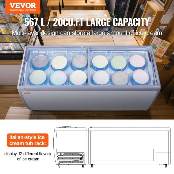 Refrigeration & Ice Equipment | Commercial Ice Cream Display Case, 20 Cu.ft Chest Freezer, Mobile Glass Top Deep Freezer, Restaurant Gelato Dipping Cabinet with 12 Large Tubs, 2 Sliding Glass Doors, Locking Casters, White Refrigeration & Ice Equipment Refrigeration & Ice Equipment