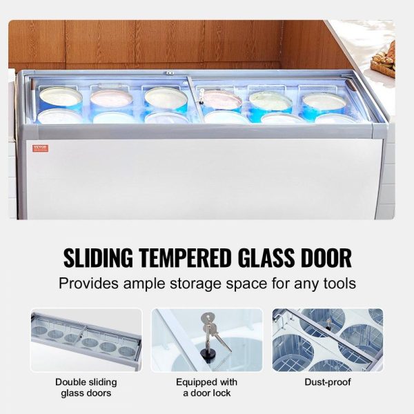 Refrigeration & Ice Equipment | Commercial Ice Cream Display Case, 20 Cu.ft Chest Freezer, Mobile Glass Top Deep Freezer, Restaurant Gelato Dipping Cabinet with 12 Large Tubs, 2 Sliding Glass Doors, Locking Casters, White Refrigeration & Ice Equipment Refrigeration & Ice Equipment