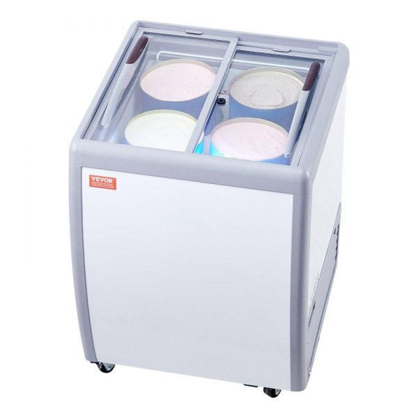 Refrigeration & Ice Equipment | Commercial Ice Cream Display Case, 5.6 Cu.ft Chest Freezer, Mobile Glass Top Deep Freezer, Restaurant Gelato Dipping Cabinet with 4 Large Tubs, 2 Sliding Glass Doors, Locking Casters, White Refrigeration & Ice Equipment Refrigeration & Ice Equipment