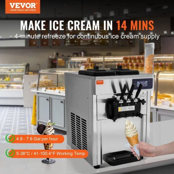 Refrigeration & Ice Equipment | Commercial Ice Cream Machine, 18-28 L/H Yield, 1850W 3-Flavor Countertop Soft Serve Ice Cream Maker,  2 x 5.5L Stainless Steel Cylinder, LED Panel Auto Clean Pre-cooling, for Restaurant Bars Refrigeration & Ice Equipment Refrigeration & Ice Equipment