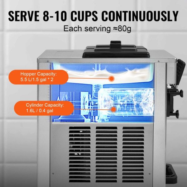 Refrigeration & Ice Equipment | Commercial Ice Cream Machine, 18-28 L/H Yield, 1850W 3-Flavor Countertop Soft Serve Ice Cream Maker,  2 x 5.5L Stainless Steel Cylinder, LED Panel Auto Clean Pre-cooling, for Restaurant Bars Refrigeration & Ice Equipment Refrigeration & Ice Equipment