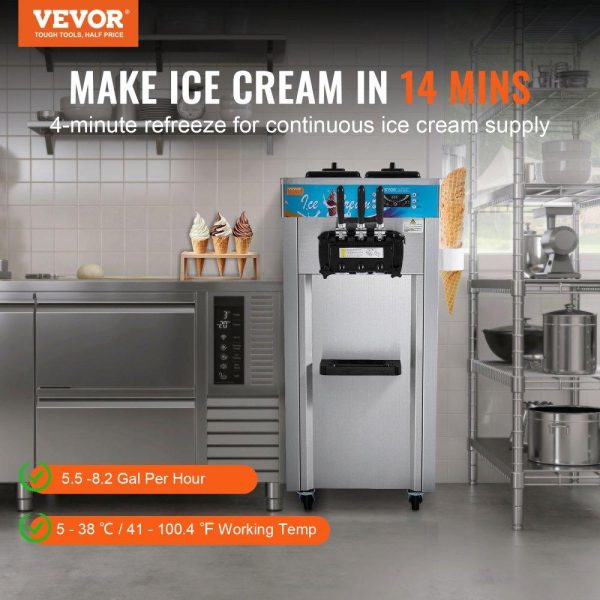 Refrigeration & Ice Equipment | Commercial Ice Cream Machine, 21-31 L/H Yield, 1800W 3-Flavor Freestanding Soft Serve Ice Cream Maker,  2 x 5.5L Stainless Steel Cylinder, LED Panel Auto Clean Pre-cooling, for Restaurant Bars Refrigeration & Ice Equipment Refrigeration & Ice Equipment