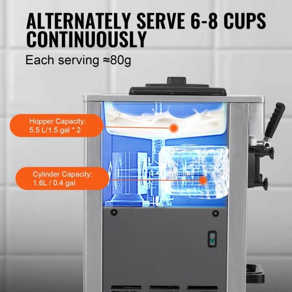 Refrigeration & Ice Equipment | Commercial Ice Cream Machine, 21-31 L/H Yield, 1800W 3-Flavor Freestanding Soft Serve Ice Cream Maker,  2 x 5.5L Stainless Steel Cylinder, LED Panel Auto Clean Pre-cooling, for Restaurant Bars Refrigeration & Ice Equipment Refrigeration & Ice Equipment