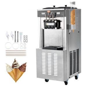 Refrigeration & Ice Equipment | Commercial Ice Cream Machine, 34-44 L/H Yield, 3400W 3-Flavor Freestanding Soft Serve Ice Cream Maker, 2 x 9L Stainless Steel Hopper, LED Panel Allows Single Cylinder Use Overnight Refrigeration Refrigeration & Ice Equipment Refrigeration & Ice Equipment