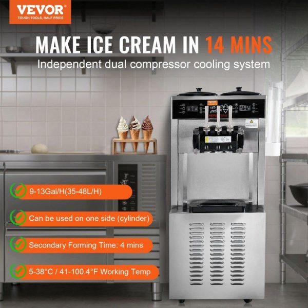 Refrigeration & Ice Equipment | Commercial Ice Cream Machine, 34-44 L/H Yield, 3400W 3-Flavor Freestanding Soft Serve Ice Cream Maker, 2 x 9L Stainless Steel Hopper, LED Panel Allows Single Cylinder Use Overnight Refrigeration Refrigeration & Ice Equipment Refrigeration & Ice Equipment