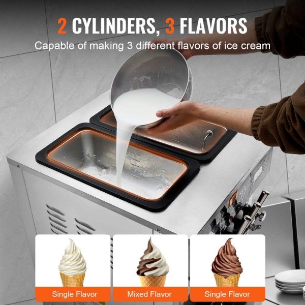 Refrigeration & Ice Equipment | Commercial Ice Cream Machine, 34-44 L/H Yield, 3400W 3-Flavor Freestanding Soft Serve Ice Cream Maker, 2 x 9L Stainless Steel Hopper, LED Panel Allows Single Cylinder Use Overnight Refrigeration Refrigeration & Ice Equipment Refrigeration & Ice Equipment