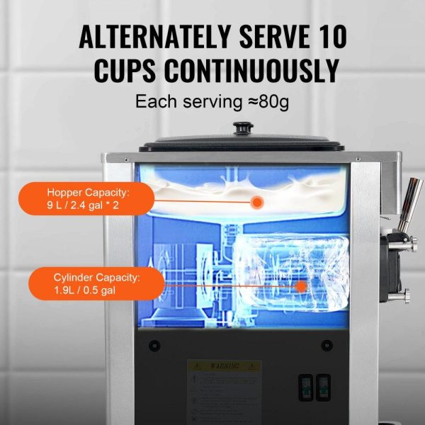 Refrigeration & Ice Equipment | Commercial Ice Cream Machine, 34-44 L/H Yield, 3400W 3-Flavor Freestanding Soft Serve Ice Cream Maker, 2 x 9L Stainless Steel Hopper, LED Panel Allows Single Cylinder Use Overnight Refrigeration Refrigeration & Ice Equipment Refrigeration & Ice Equipment