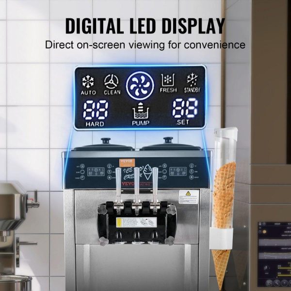 Refrigeration & Ice Equipment | Commercial Ice Cream Machine, 34-44 L/H Yield, 3400W 3-Flavor Freestanding Soft Serve Ice Cream Maker, 2 x 9L Stainless Steel Hopper, LED Panel Allows Single Cylinder Use Overnight Refrigeration Refrigeration & Ice Equipment Refrigeration & Ice Equipment