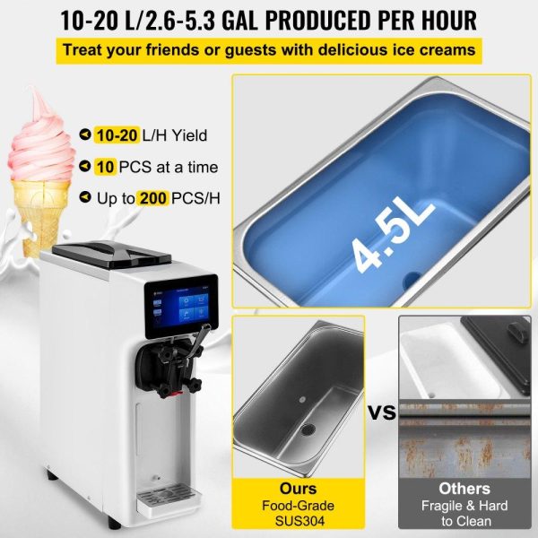 Refrigeration & Ice Equipment | Commercial Ice Cream Maker, 10-20L/H Yield, 1000W Countertop Soft Serve Machine with 4.5L Hopper 1.6L Cylinder Touch Screen Puffing Shortage Alarm, Frozen Yogurt Maker for Café Snack Bar, White White Refrigeration & Ice Equipment Refrigeration & Ice Equipment