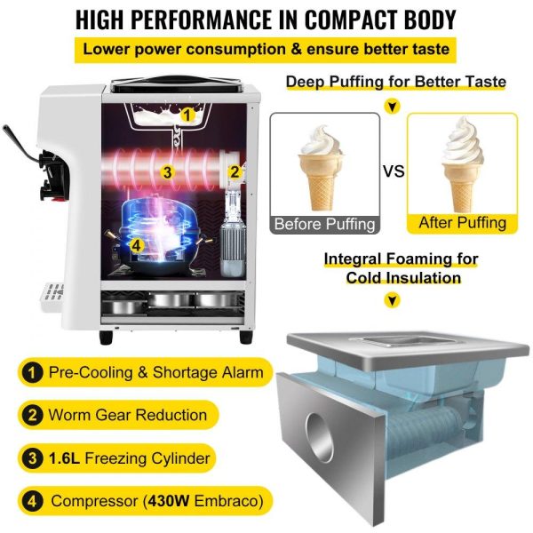 Refrigeration & Ice Equipment | Commercial Ice Cream Maker, 10-20L/H Yield, 1000W Countertop Soft Serve Machine with 4.5L Hopper 1.6L Cylinder Touch Screen Puffing Shortage Alarm, Frozen Yogurt Maker for Café Snack Bar, White White Refrigeration & Ice Equipment Refrigeration & Ice Equipment