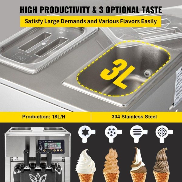 Refrigeration & Ice Equipment | Commercial Ice Cream Maker Machine, 2+1 Flavor Countertop Soft Serve Machine, 5 Gal/H Commercial Ice Cream Maker w/Two 3L Hoppers, Soft Ice Cream Machine for Restaurants Snack Bars Supermarkets Refrigeration & Ice Equipment Refrigeration & Ice Equipment