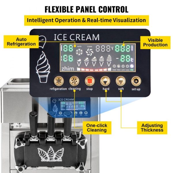 Refrigeration & Ice Equipment | Commercial Ice Cream Maker Machine, 2+1 Flavor Countertop Soft Serve Machine, 5 Gal/H Commercial Ice Cream Maker w/Two 3L Hoppers, Soft Ice Cream Machine for Restaurants Snack Bars Supermarkets Refrigeration & Ice Equipment Refrigeration & Ice Equipment