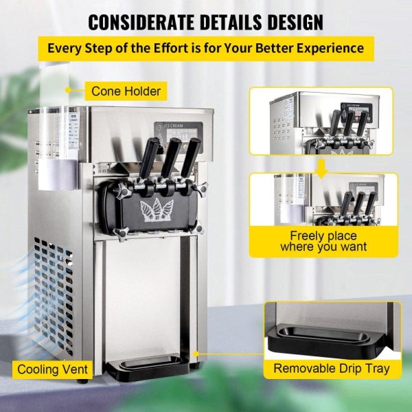 Refrigeration & Ice Equipment | Commercial Ice Cream Maker Machine, 2+1 Flavor Countertop Soft Serve Machine, 5 Gal/H Commercial Ice Cream Maker w/Two 3L Hoppers, Soft Ice Cream Machine for Restaurants Snack Bars Supermarkets Refrigeration & Ice Equipment Refrigeration & Ice Equipment