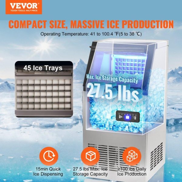 Refrigeration & Ice Equipment | Commercial Ice Maker, 100 lbs/24H, Ice Maker Machine, 45 Ice Cubes in 12-15 Minutes, Freestanding Cabinet Ice Maker with 27.5 lbs Storage Capacity LED Digital Display, for Home Office Restaurant Refrigeration & Ice Equipment Refrigeration & Ice Equipment