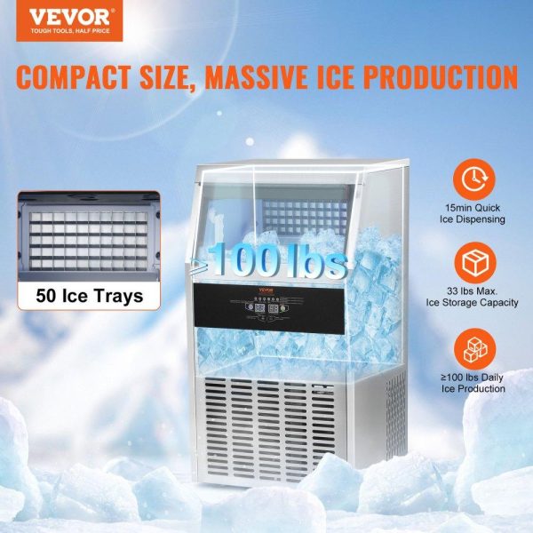 Refrigeration & Ice Equipment | Commercial Ice Maker, 100lbs/24H, Ice Maker Machine, 50 Ice Cubes in 12-15 Minutes, Freestanding Cabinet Ice Maker with 33lbs Storage Capacity LED Digital Display, for Bar Home Office Restaurant Refrigeration & Ice Equipment Refrigeration & Ice Equipment