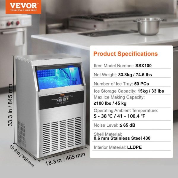 Refrigeration & Ice Equipment | Commercial Ice Maker, 100lbs/24H, Ice Maker Machine, 50 Ice Cubes in 12-15 Minutes, Freestanding Cabinet Ice Maker with 33lbs Storage Capacity LED Digital Display, for Bar Home Office Restaurant Refrigeration & Ice Equipment Refrigeration & Ice Equipment