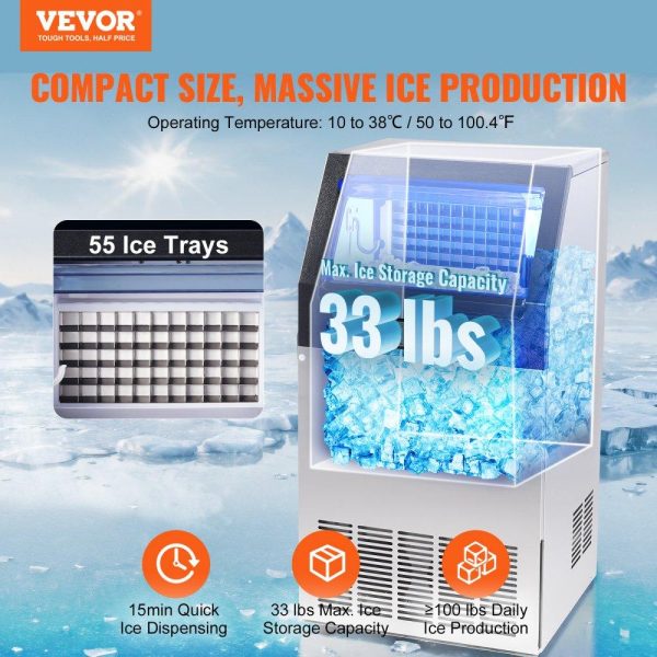 Refrigeration & Ice Equipment | Commercial Ice Maker, 100lbs/24H, Ice Maker Machine, 55 Ice Cubes in 12-15 Minutes, Freestanding Cabinet Ice Maker with 33lbs Storage Capacity LED Digital Display, for Bar Home Office Restaurant Refrigeration & Ice Equipment Refrigeration & Ice Equipment