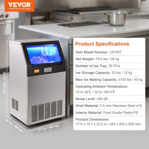 Refrigeration & Ice Equipment | Commercial Ice Maker, 100lbs/24H, Ice Maker Machine, 55 Ice Cubes in 12-15 Minutes, Freestanding Cabinet Ice Maker with 33lbs Storage Capacity LED Digital Display, for Bar Home Office Restaurant Refrigeration & Ice Equipment Refrigeration & Ice Equipment