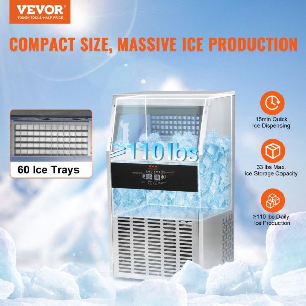 Refrigeration & Ice Equipment | Commercial Ice Maker, 110lbs/24H, Ice Maker Machine, 60 Ice Cubes in 12-15 Minutes, Freestanding Cabinet Ice Maker with 33lbs Storage Capacity LED Digital Display, for Bar Home Office Restaurant Refrigeration & Ice Equipment Refrigeration & Ice Equipment