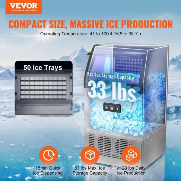 Refrigeration & Ice Equipment | Commercial Ice Maker, 120lbs/24H, Ice Maker Machine, 50 Ice Cubes in 12-15 Minutes, Freestanding Cabinet Ice Maker with 33lbs Storage Capacity LED Digital Display, for Bar Home Office Restaurant Refrigeration & Ice Equipment Refrigeration & Ice Equipment