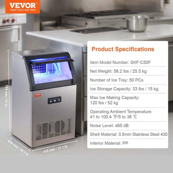 Refrigeration & Ice Equipment | Commercial Ice Maker, 120lbs/24H, Ice Maker Machine, 50 Ice Cubes in 12-15 Minutes, Freestanding Cabinet Ice Maker with 33lbs Storage Capacity LED Digital Display, for Bar Home Office Restaurant Refrigeration & Ice Equipment Refrigeration & Ice Equipment