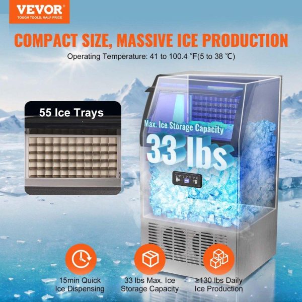 Refrigeration & Ice Equipment | Commercial Ice Maker, 130lbs/24H, Ice Maker Machine, 55 Ice Cubes in 12-15 Minutes, Freestanding Cabinet Ice Maker with 24lbs Storage Capacity LED Digital Display, for Bar Home Office Restaurant Refrigeration & Ice Equipment Refrigeration & Ice Equipment