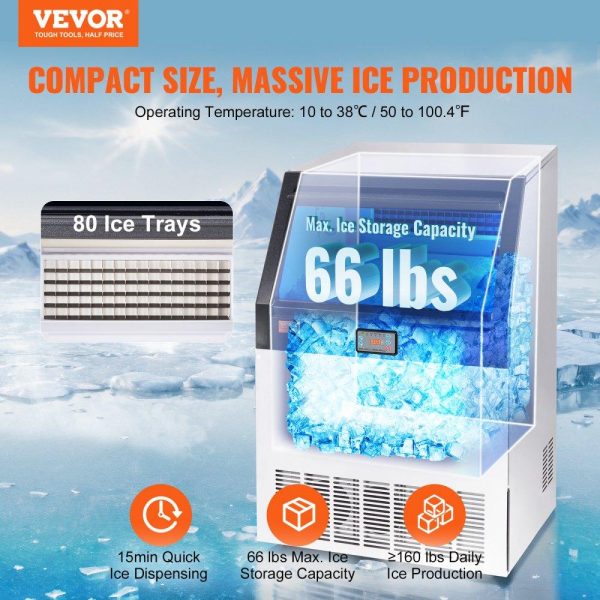 Refrigeration & Ice Equipment | Commercial Ice Maker, 160lbs/24H, Ice Maker Machine, 80 Ice Cubes in 12-15 Minutes, Freestanding Cabinet Ice Maker with 66lbs Storage Capacity LED Digital Display, for Bar Home Office Restaurant Refrigeration & Ice Equipment Refrigeration & Ice Equipment