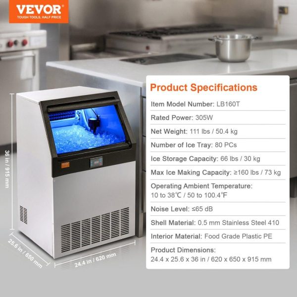 Refrigeration & Ice Equipment | Commercial Ice Maker, 160lbs/24H, Ice Maker Machine, 80 Ice Cubes in 12-15 Minutes, Freestanding Cabinet Ice Maker with 66lbs Storage Capacity LED Digital Display, for Bar Home Office Restaurant Refrigeration & Ice Equipment Refrigeration & Ice Equipment