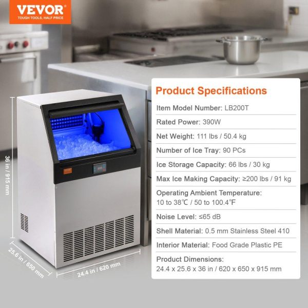 Refrigeration & Ice Equipment | Commercial Ice Maker, 200lbs/24H, Ice Maker Machine, 90 Ice Cubes in 12-15 Minutes, Freestanding Cabinet Ice Maker with 66lbs Storage Capacity LED Digital Display, for Bar Home Office Restaurant Refrigeration & Ice Equipment Refrigeration & Ice Equipment