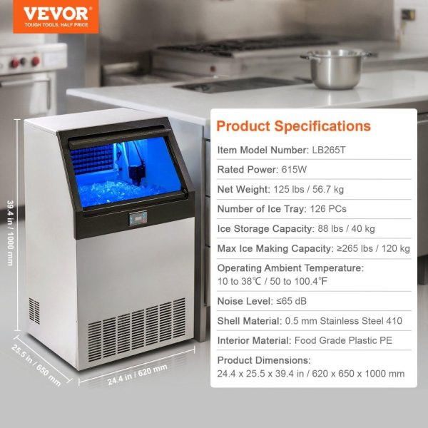 Refrigeration & Ice Equipment | Commercial Ice Maker, 265lbs/24H, Ice Maker Machine, 126 Ice Cubes in 12-15 Minutes, Freestanding Cabinet Ice Maker with 88lbs Storage Capacity LED Digital Display, for Home Office Restaurant Refrigeration & Ice Equipment Refrigeration & Ice Equipment