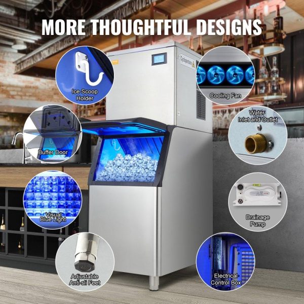 Refrigeration & Ice Equipment | Commercial Ice Maker, 360LBS/24H Ice Making Machine with 330.7LBS Large Storage Bin, 700W Auto Self-Cleaning Ice Maker Machine with 3.5-inch LED Panel for Bar Cafe Restaurant Business Refrigeration & Ice Equipment Refrigeration & Ice Equipment