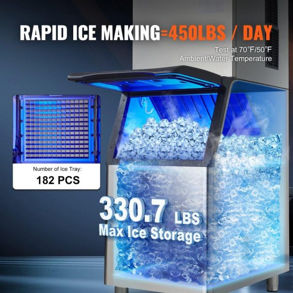 Refrigeration & Ice Equipment | Commercial Ice Maker, 450LBS/24H Ice Making Machine with 330.7LBS Large Storage Bin, 1000W Auto Self-Cleaning Ice Maker Machine with 3.5-inch LED Panel for Bar Cafe Restaurant Business Refrigeration & Ice Equipment Refrigeration & Ice Equipment