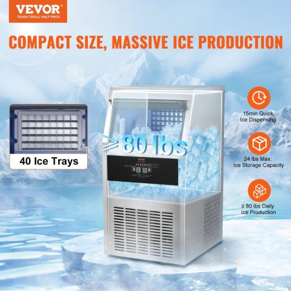 Refrigeration & Ice Equipment | Commercial Ice Maker, 80lbs/24H, Ice Maker Machine, 40 Ice Cubes in 12-15 Minutes, Freestanding Cabinet Ice Maker with 24lbs Storage Capacity LED Digital Display, for Bar Home Office Restaurant Refrigeration & Ice Equipment Refrigeration & Ice Equipment