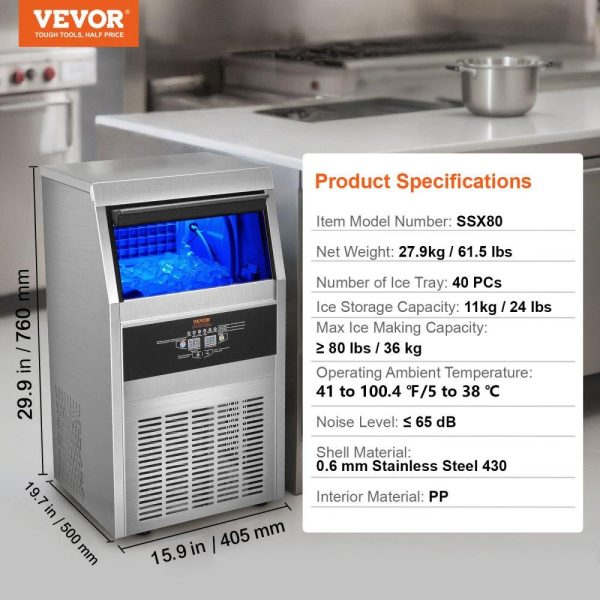 Refrigeration & Ice Equipment | Commercial Ice Maker, 80lbs/24H, Ice Maker Machine, 40 Ice Cubes in 12-15 Minutes, Freestanding Cabinet Ice Maker with 24lbs Storage Capacity LED Digital Display, for Bar Home Office Restaurant Refrigeration & Ice Equipment Refrigeration & Ice Equipment