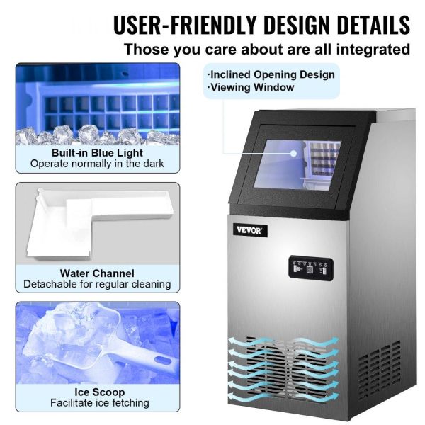 Refrigeration & Ice Equipment | Commercial Ice Maker Machine, 100lbs/24h Stainless Steel Under Counter Ice Maker with 22lbs Storage Bin, 4×8 Cubes Ready in 15 Mins, Water Filter & Scoop Included, for Bar Office Coffee Shop Refrigeration & Ice Equipment Refrigeration & Ice Equipment