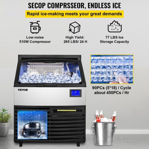 Refrigeration & Ice Equipment | Commercial Ice Maker Machine, 265LBS/24H ETL Approved Ice Machine Under Counter Ice Maker Machine with SECOP Compressor,77LBS Storage,Electric Water Drain Pump,Water Filter, 2 Scoops Included Refrigeration & Ice Equipment Refrigeration & Ice Equipment