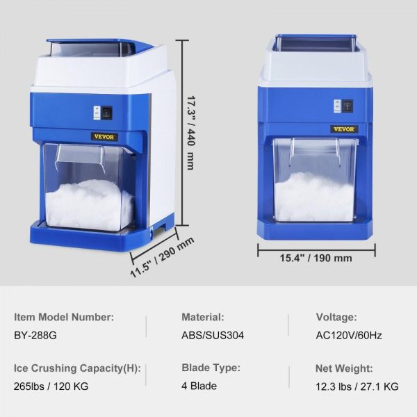 Refrigeration & Ice Equipment | Commercial Ice Shaver Crusher, 265lbs Per Hour Electric Snow Cone Maker with 4.4lbs Ice Box, 300W Tabletop Shaved Ice Machine for Parties Events Snack Bar, Home and Commercial Use Blue & White Refrigeration & Ice Equipment Blue & White