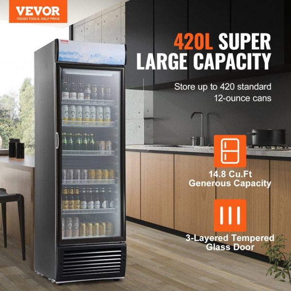 Refrigeration & Ice Equipment | Commercial Merchandiser Refrigerator, 14.8 Cu.Ft / 420L Beverage Refrigerator Cooler Merchandiser, Glass Door Display Refrigerator Upright Fridge with 5 Adjustable Shelves, Customizable Lightbox Refrigeration & Ice Equipment Refrigeration & Ice Equipment