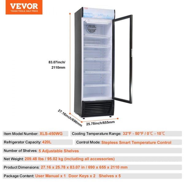 Refrigeration & Ice Equipment | Commercial Merchandiser Refrigerator, 14.8 Cu.Ft / 420L Beverage Refrigerator Cooler Merchandiser, Glass Door Display Refrigerator Upright Fridge with 5 Adjustable Shelves, Customizable Lightbox Refrigeration & Ice Equipment Refrigeration & Ice Equipment