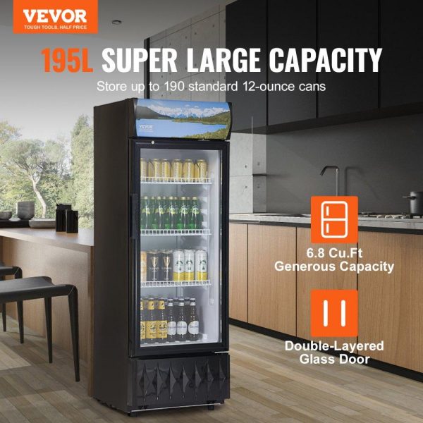 Refrigeration & Ice Equipment | Commercial Merchandiser Refrigerator, 6.8 Cu.Ft / 195L Beverage Refrigerator Cooler Merchandiser, Glass Door Display Refrigerator Upright Fridge with 3 Adjustable Shelves, Customizable Lightbox Refrigeration & Ice Equipment Refrigeration & Ice Equipment